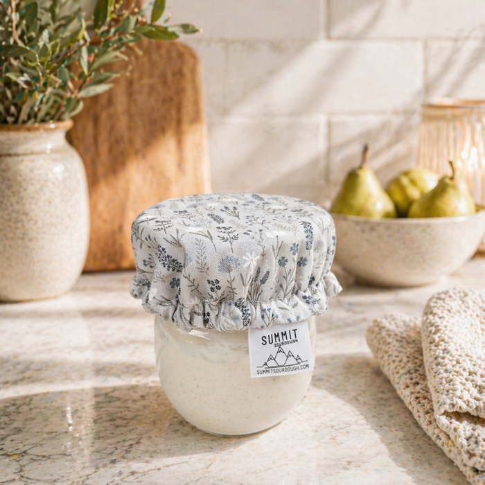corn flower Reusable sourdough jar cover with neutral floral pattern on sourdough starter jar
