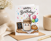 Cute birthday card for bread lovers featuring a smiling sourdough starter, artisan loaf, party hat, and the message "Happy Birthday! Another Year, Another Rise!"