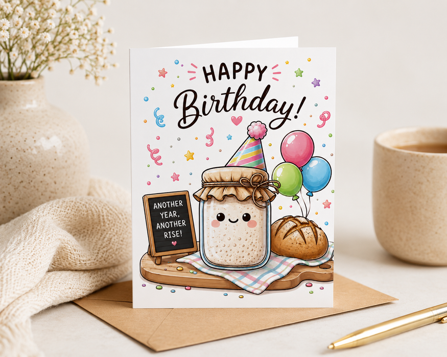 Cute birthday card for bread lovers featuring a smiling sourdough starter, artisan loaf, party hat, and the message "Happy Birthday! Another Year, Another Rise!"
