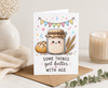 Funny sourdough card celebrating aging with an adorable starter jar illustration and artisan bread accents.