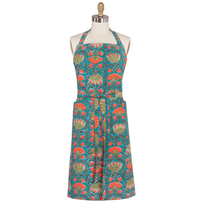 Danica Heirloom Allure hand block print cotton apron with adjustable straps and two front pockets for cooking, baking and sourdough bread.