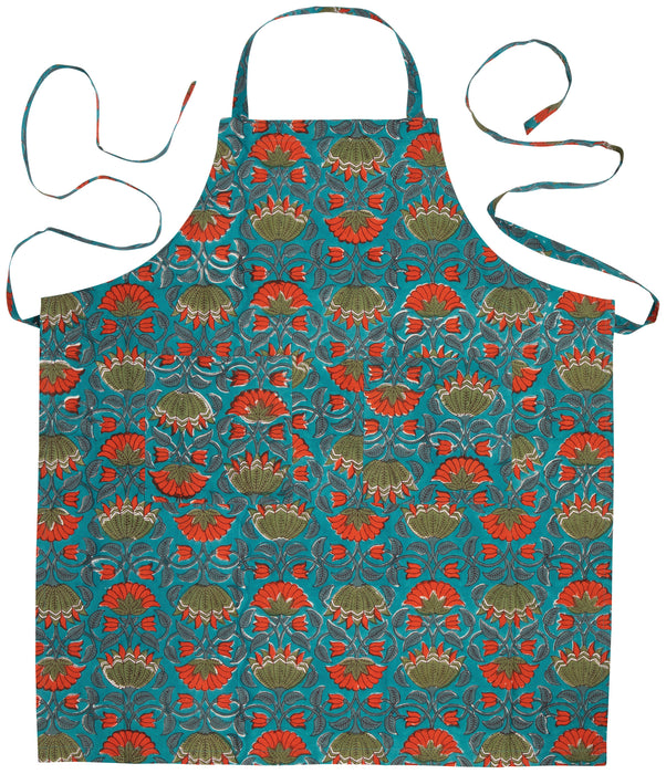 Danica Heirloom Allure hand block print cotton baking apron displayed with coordinating kitchen linens.