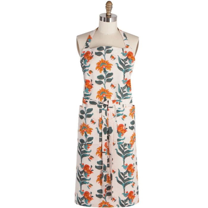 Danica Heirloom Marigold hand block print cotton apron with adjustable straps and two front pockets.