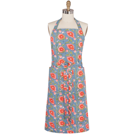 Danica Heirloom Poppy hand block print cotton apron with adjustable straps and two front pockets.
