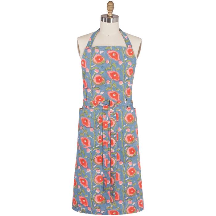 Danica Heirloom Poppy hand block print cotton apron with adjustable straps and two front pockets.