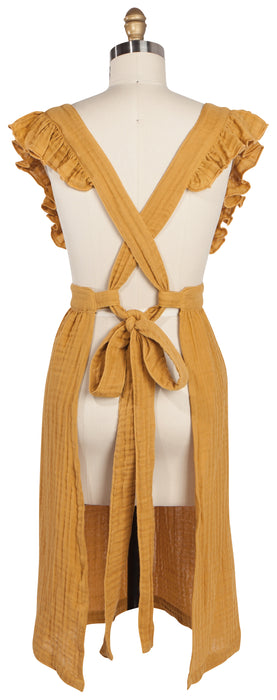 Farmhouse style apron. Danica Heirloom Saffron Ada cotton baking apron with ruffled straps
