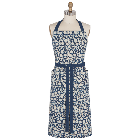 Danica Heirloom Vinebloom hand block print cotton apron with adjustable straps and two front pockets.