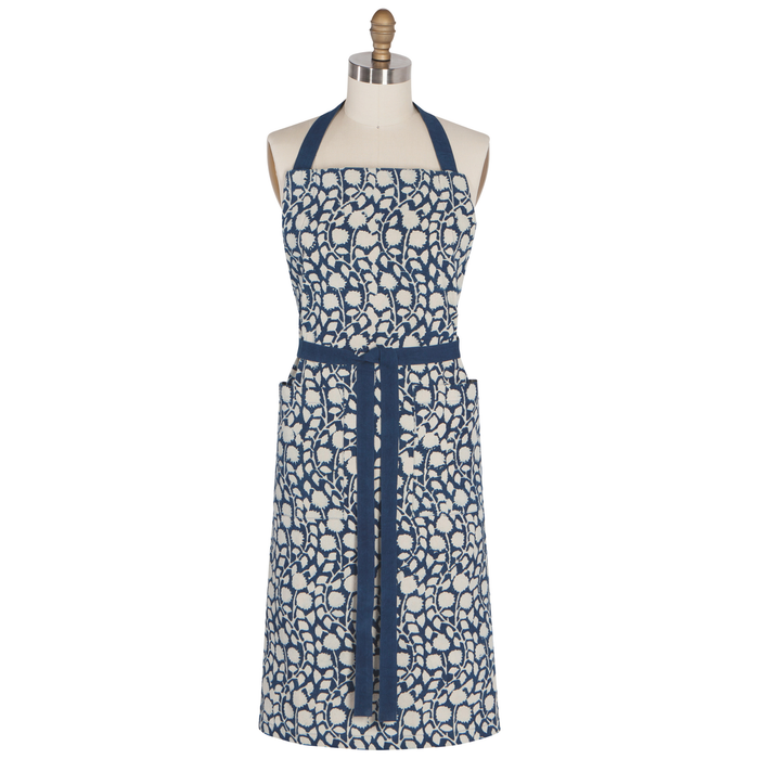 Danica Heirloom Vinebloom hand block print cotton apron with adjustable straps and two front pockets.