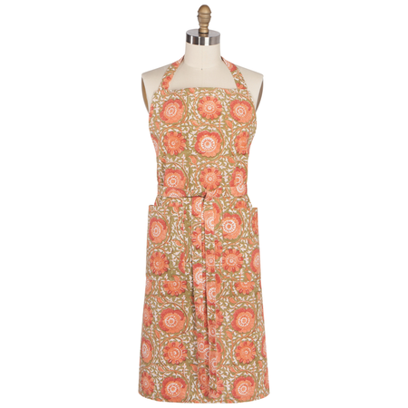 Danica Heirloom Zinnia hand block print cotton apron with adjustable straps and two front pockets.