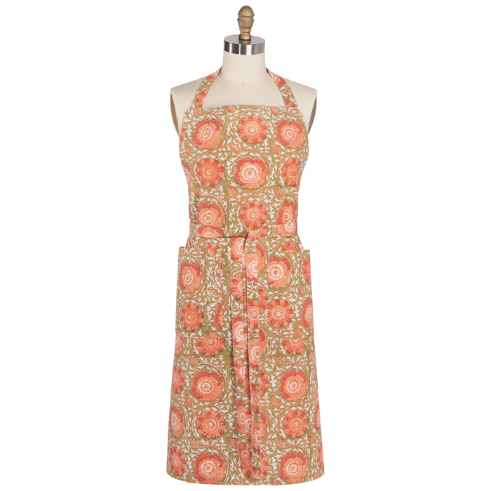 Danica Heirloom Zinnia hand block print cotton apron with adjustable straps and two front pockets.