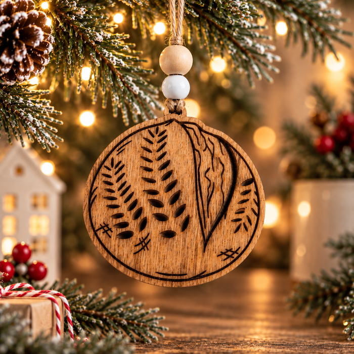 Dark wood sourdough bread Christmas ornament shaped like an artisan boule with laser-engraved wheat scoring, hanging from twine with wooden beads and festive lights.