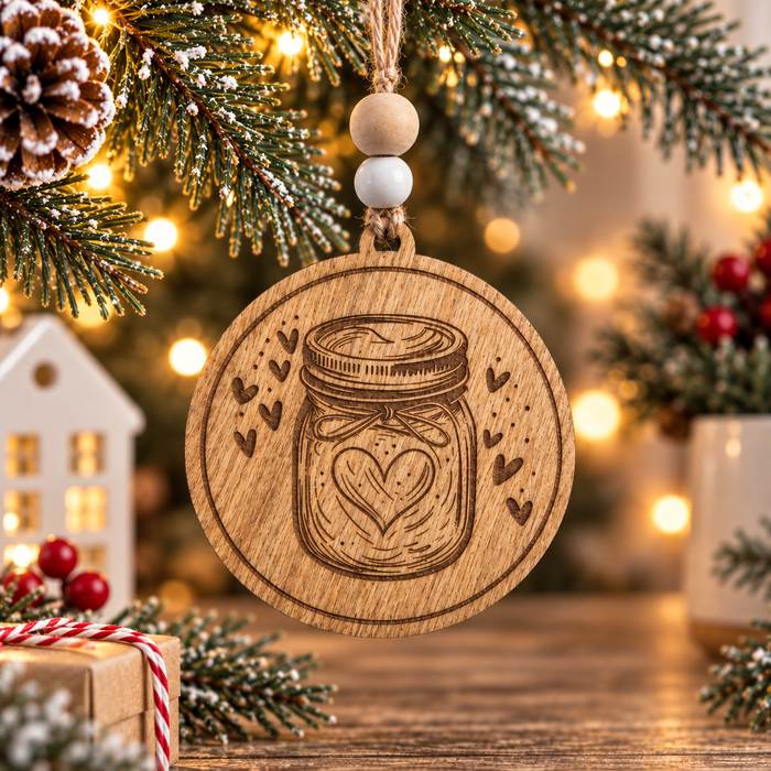 Dark wood sourdough starter Christmas ornament with a laser-engraved mason jar, heart design and decorative hearts, hanging from twine with wooden beads and Christmas lights.