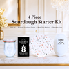 Dragonfly 4 piece sourdough starter kit by Summit Sourdough featuring a glass jar, heirloom sourdough starter, reusable oval brotform cover, and oval batard  wood pulp banneton.
