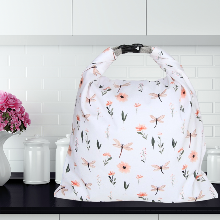 Dragonfly themed reusable bread bag to store bagels, sourdough and rolls.
