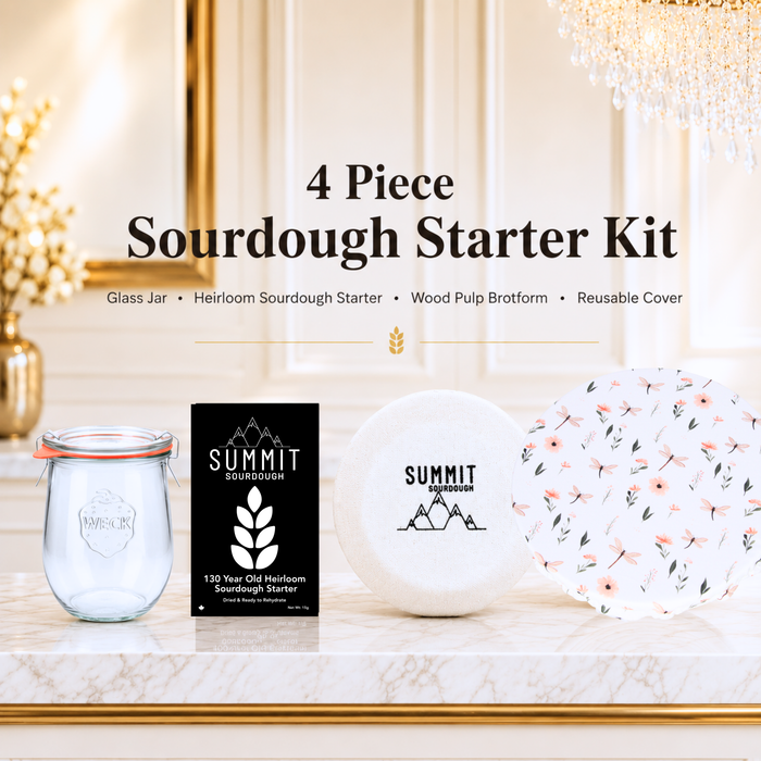 Round sourdough bread baking starter kit with reusable brotform cover, glass Weck jar, and banneton basket in the dragonfly print.