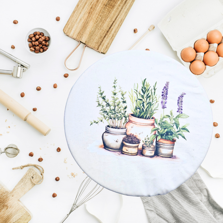 Reusable bread proofing cover with vintage apothecary print—herbs, bottles, and botanicals for sourdough baking. Great for Brotform cover, banneton cover, kitchen aid mixer cover.