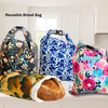Reusable bread bag, freezer safe for sourdough bread loaves, washable and airtight with food-safe liner, made in Canada.