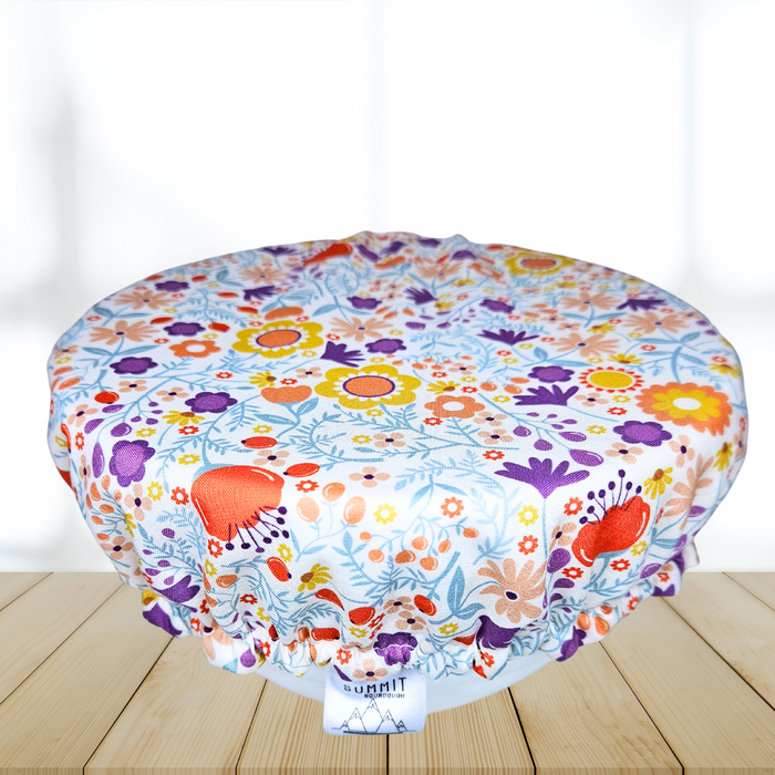 Bright floral print reusable bowl cover—perfect for eco-conscious sourdough bakers and KitchenAid mixers.