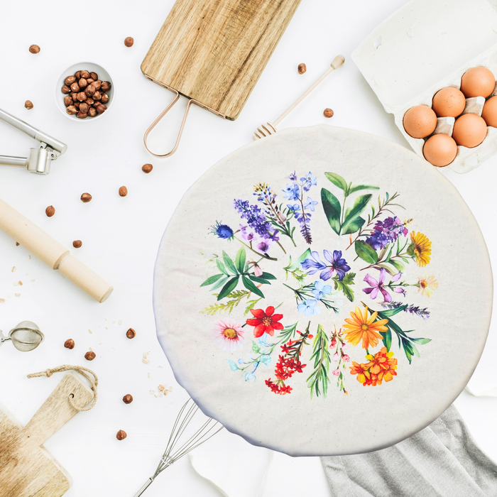 Floral wreath wildflower circle print on reusable sourdough bread bag and bowl cover, eco-friendly kitchen storage for bread and dough