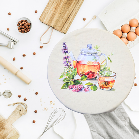 Vintage teacup with floral background print on reusable sourdough bread bag and bowl cover for eco-friendly bread storage