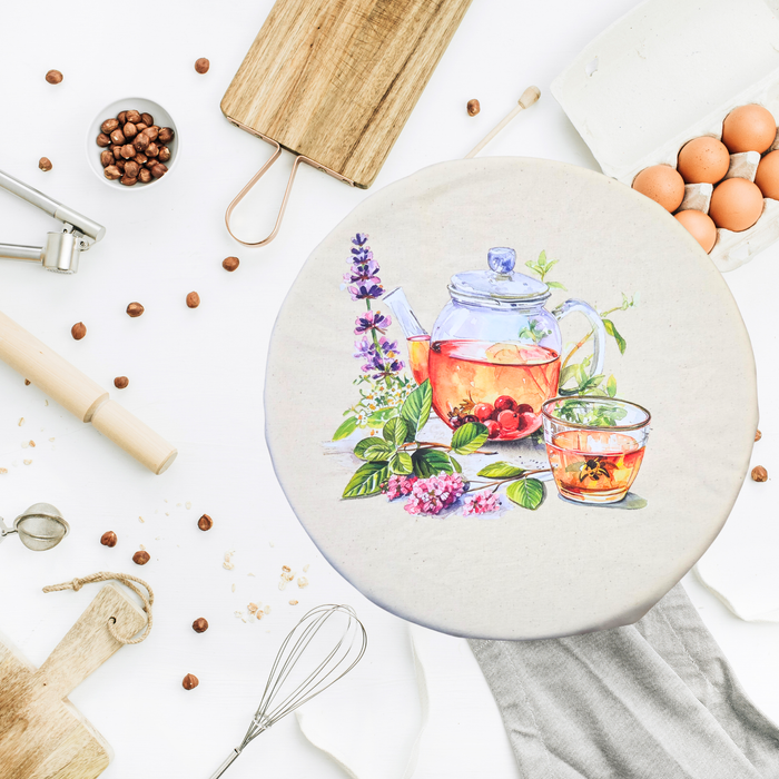 Vintage teacup with floral background print on reusable sourdough bread bag and bowl cover for eco-friendly bread storage