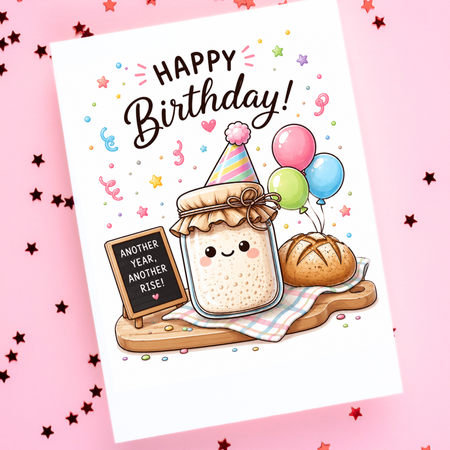 Funny sourdough birthday card featuring a cheerful starter jar wearing a party hat with the phrase "Another Year, Another Rise!" and colorful balloons.
