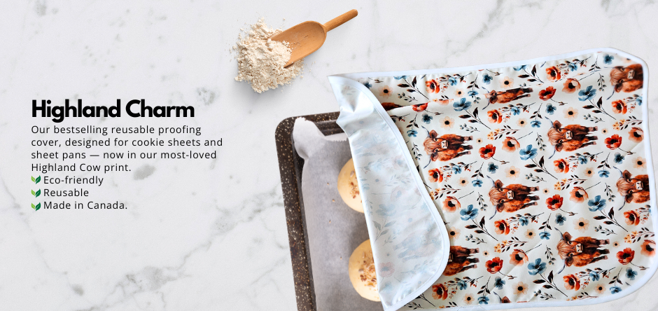 Reusable cookie sheet pan proofing cover in Highland Cow print with floral accents, eco-friendly and made in Canada