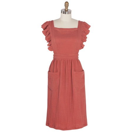 Homesteading Danica Heirloom Ada Apron in Sumac red cotton with ruffled straps