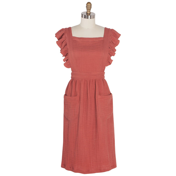 Homesteading Danica Heirloom Ada Apron in Sumac red cotton with ruffled straps