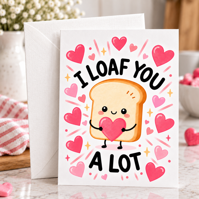 I Loaf You A Lot funny bread Valentine’s Day card featuring a cute slice of bread holding a pink heart perfect for sourdough bread and bakers.
