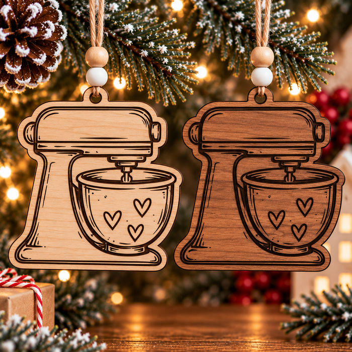 Wooden stand mixer Christmas ornament shown in natural and stained finishes, a gift for KitchenAid mixer fans and sourdough bread bakers