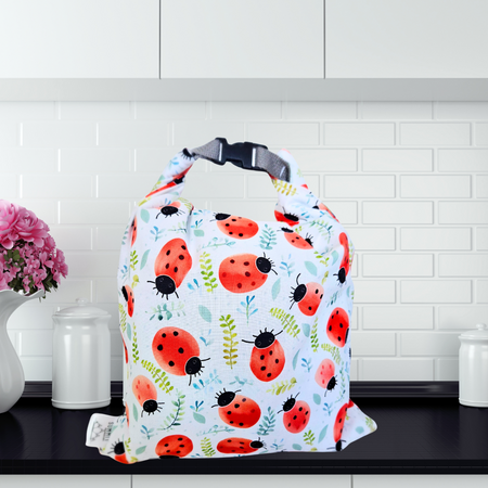 Ladybug print eco bread bag—reusable and ideal for fresh sourdough or sandwich loaves. made in Canada Summit Sourdough