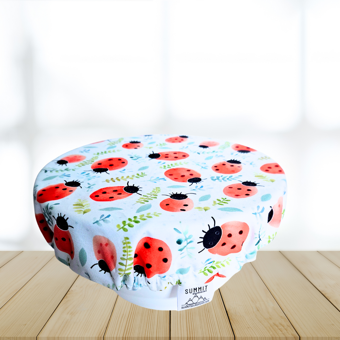 Eco-friendly ladybug print bowl cover—reusable for sourdough proofing and mixer bowls.