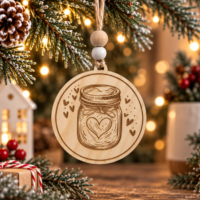 Light natural wood sourdough starter jar Christmas ornament with a laser-engraved mason jar and heart design, hanging from an evergreen branch with warm holiday lights.