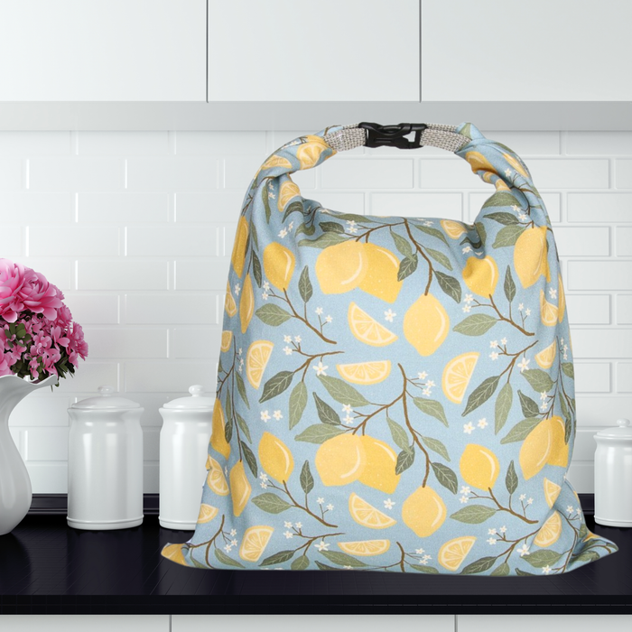 Lemon limoncelle reusable bread bag for sourdough bread and storage.  Kitchen themed.  Made in Canada.