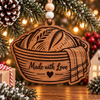 Stained wood Made with Love sourdough bread ornament with engraved bread banneton brotform basket and heart