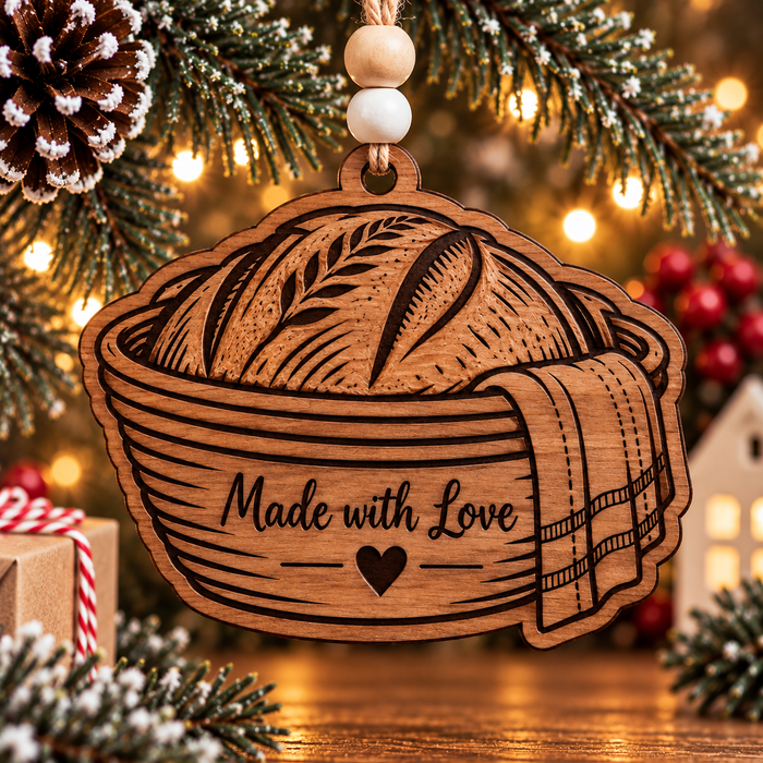Stained wood Made with Love sourdough bread ornament with engraved bread banneton brotform basket and heart