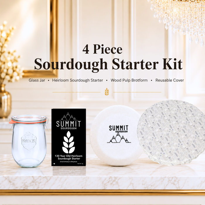 Round sourdough starter kit in the Meadow Floral print featuring a reusable brotform cover, wood pulp banneton basket, glass jar, and heirloom sourdough starter.