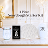 Meadow Mist 4 piece sourdough starter kit by Summit Sourdough featuring a glass jar, heirloom sourdough starter, reusable oval brotform cover, and oval wood pulp banneton.