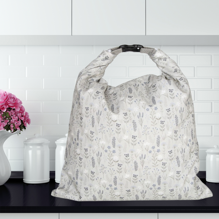 Neutral Bread bag with floral design for sourdough bread storage.