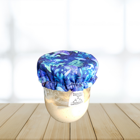Dark fabric jar cover with midnight mushroom print for sourdough starter