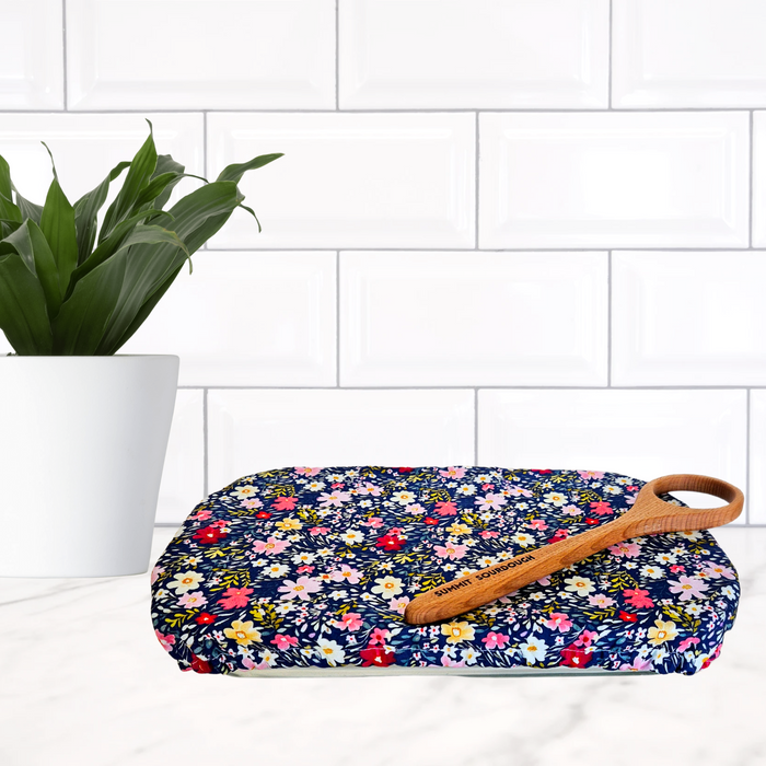 Sustainable reusable casserole cover in mixed floral print—plastic wrap alternative made in Canada.