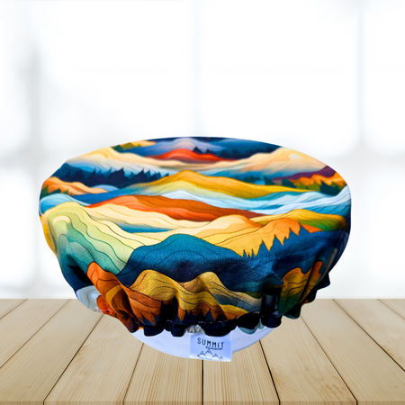 Mountain-themed reusable and eco-friendly sourdough bowl cover—fits proofing baskets and mixer bowls.