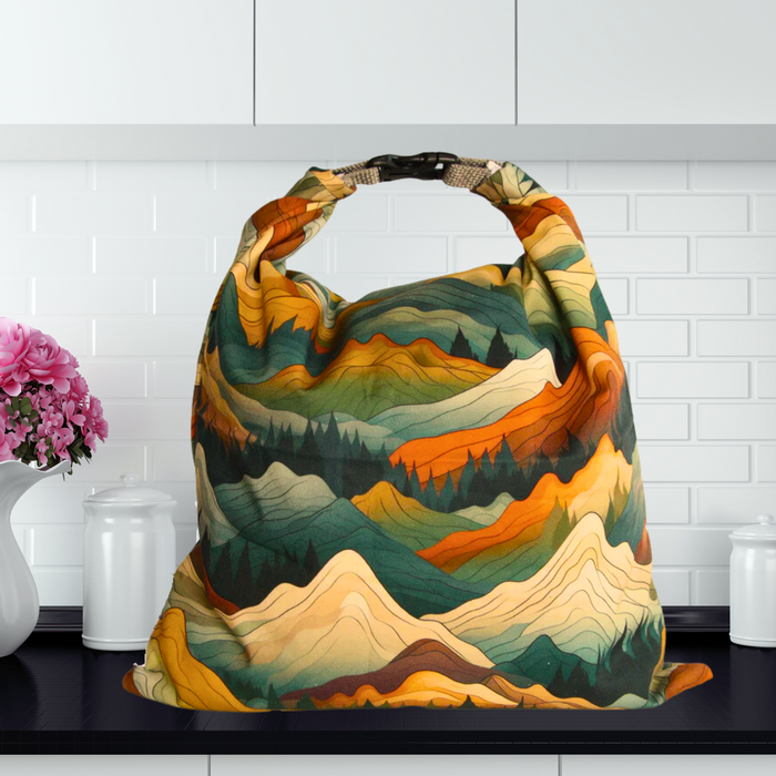 Mountain-themed reusable bread bag for sourdough lovers—eco-friendly and breathable fabric with air tight liner.