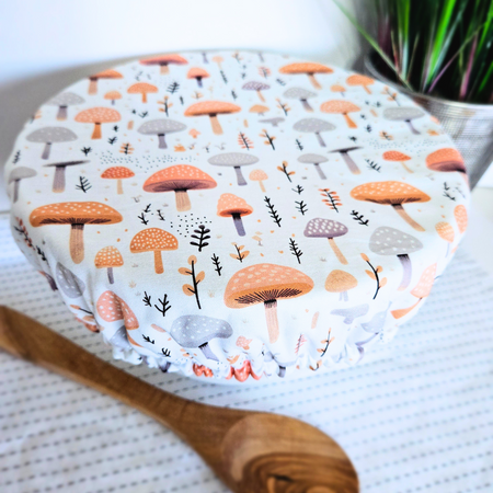 Reusable sourdough bowl cover with whimsical mushroom design—fits proofing baskets, brotforms, bannetons and mixer bowls.