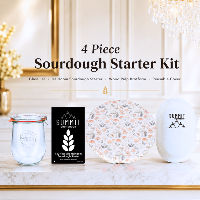 Mushroom Woodland 4 piece sourdough starter kit by Summit Sourdough featuring a glass jar, heirloom sourdough starter, reusable oval brotform cover, and oval  batard wood pulp banneton brotform
