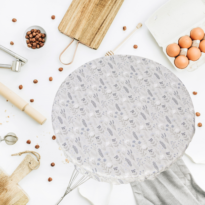 Muted cornflower floral print reusable sourdough bowl cover with soft neutral tones, extra large size fits oval brotforms and large KitchenAid mixer bowls for proofing dough