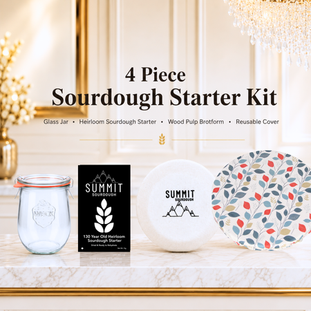Nordic style 4 piece sourdough starter kit by Summit Sourdough featuring a glass weck jar, heirloom sourdough starter, reusable round brotform cover, and round wood pulp banneton.
