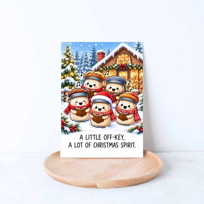 A funny sourdough Christmas card featuring a choir of starter jars caroling in the snow. A festive 5x7 holiday card for bakers and bread lovers.