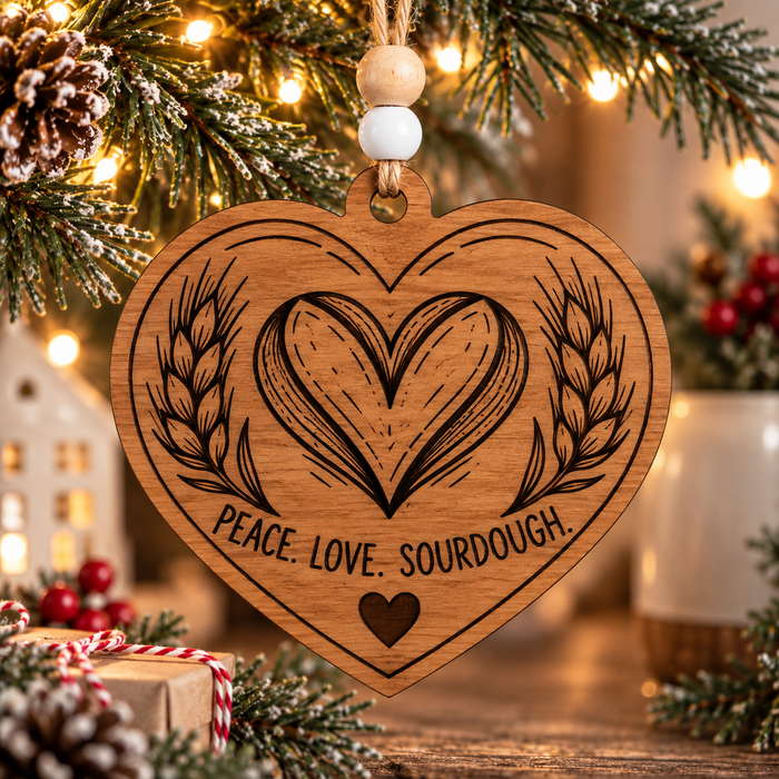 Stained wood Peace Love Sourdough Christmas ornament for sourdough bakers and bread lovers.  Farmhouse Style Christmas Tree Decor